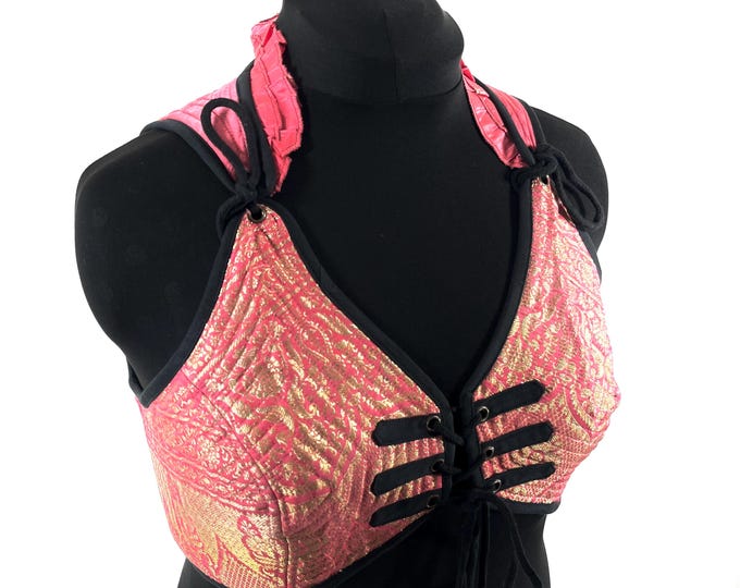 3XL. Fae Corset Top - Pink & Gold Bra Top - Vintage Silk Brocade  (SKU:3036-9800)