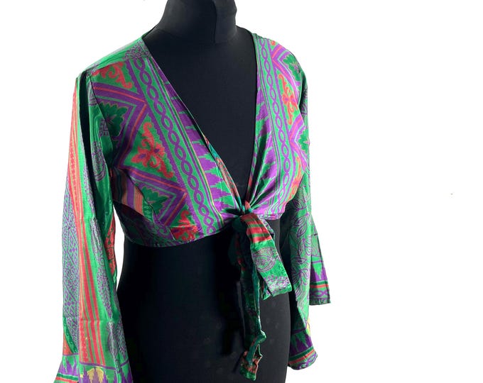 Joy Bell Sleeve Crop Top, Sari Summer Wrap, Handmade Silky, Light Hippy Style UK-L/XL (SKU:572-10322)