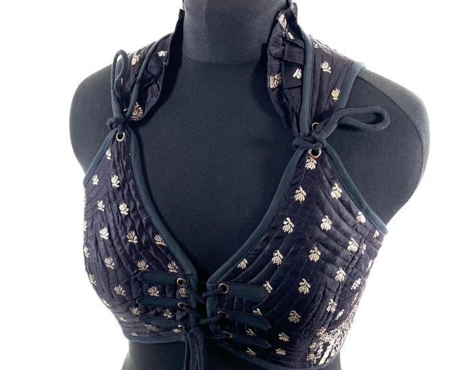 XL. Fae Corset Top - Black & Silver Bra Top - Vintage Silk Brocade  (SKU:3034-9779)