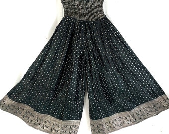 Juliana Plus Size Culottes - Silk Brocade - Wide Leg Palazzo Pants - Dark Green & Silver (SKU:820-2018)