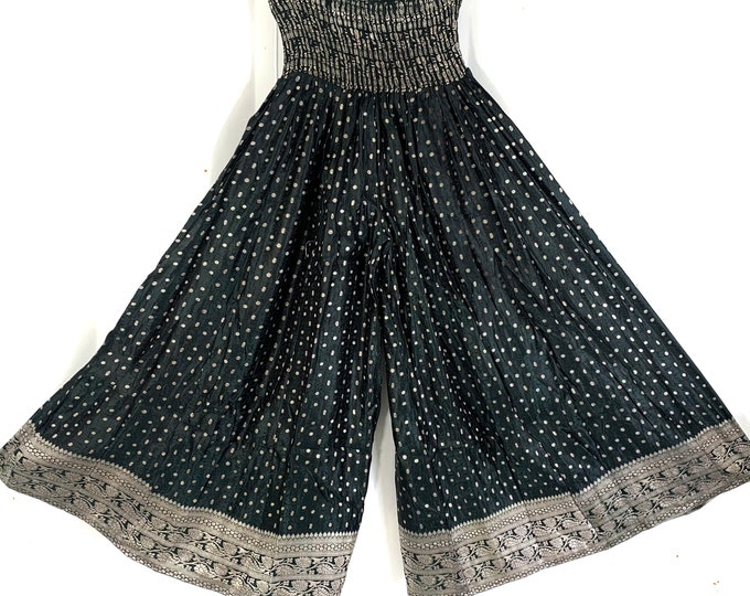 Juliana XL Waist Culottes Silk Brocade; Elasticated waist for a fuller figure. Dark Green & Silver SKU:820-2018