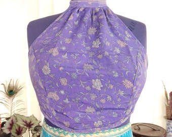 M/L Halter Crop Top, in Light Silk Sari Material, Reversible Festival Top (SKU:439-1948)