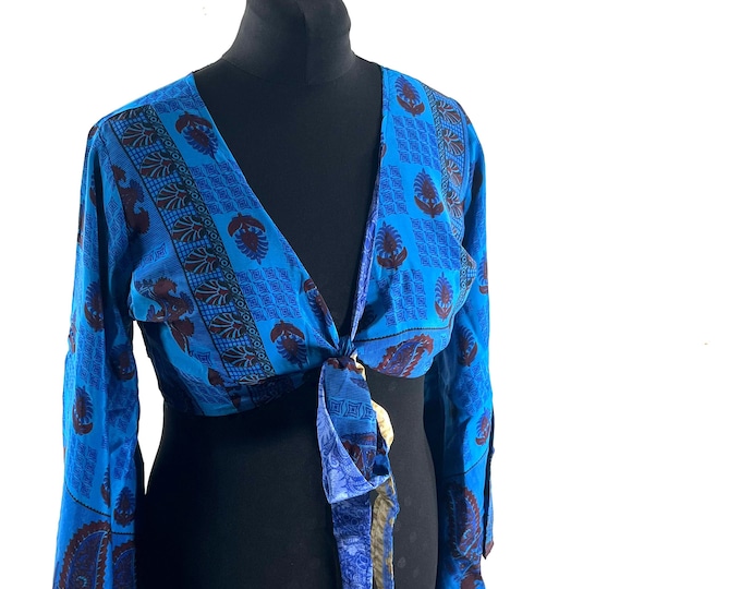 Joy Bell Sleeve Crop Top, Sari Summer Wrap, Handmade Silky, Light Hippy Style UK-L/XL (SKU:572-10325)