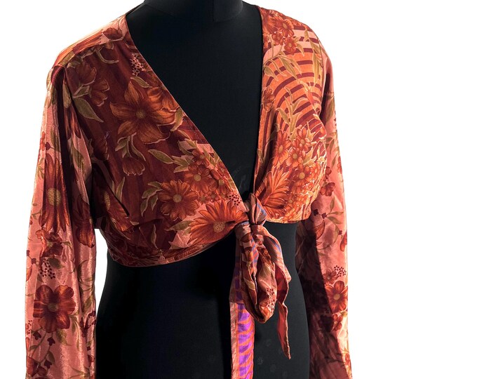 Joy Bell Sleeve Crop Top, Sari Summer Wrap, Handmade Silky, Light Hippy Style UK-2XL (SKU:573-10356)