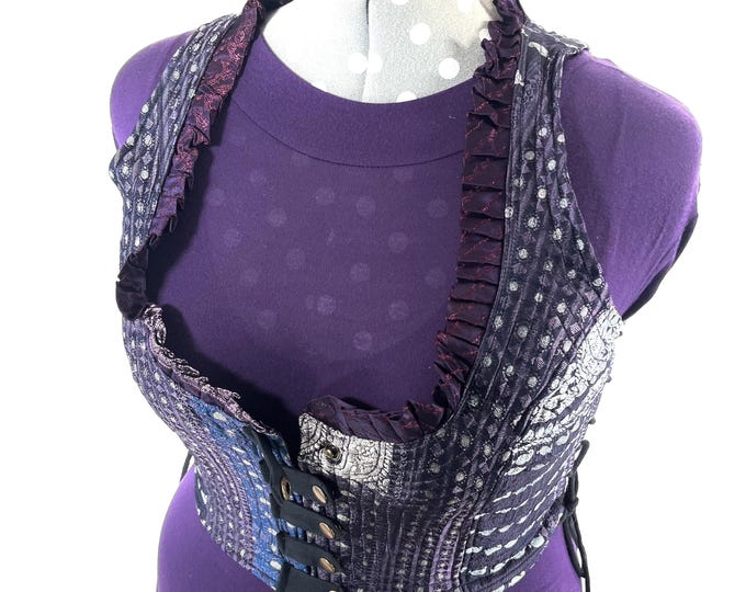 4XL. Mia Waistcoat; Boho Top - Blue & Silver - Vintage Silk Brocade  (SKU:2147-9724)