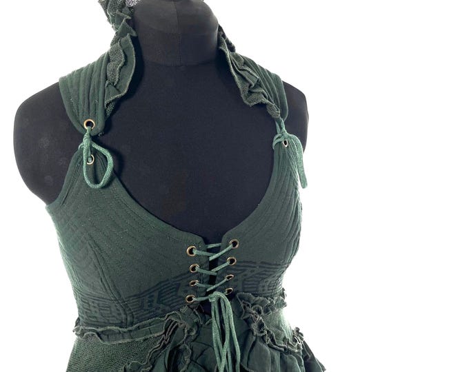 Bardot Boho Corset Dress in Dark Green.
