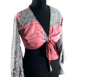 M/L Joy Bell Sleeve Crop Top, Sari Summer Wrap, Handmade Silk, Light Hippy Style (SKU:571-10294)