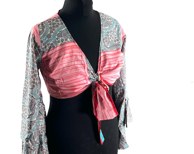 Joy Bell Sleeve Crop Top; Sari Summer Wrap Top, handmade, silky, light UK-M/L (SKU:571-10294)