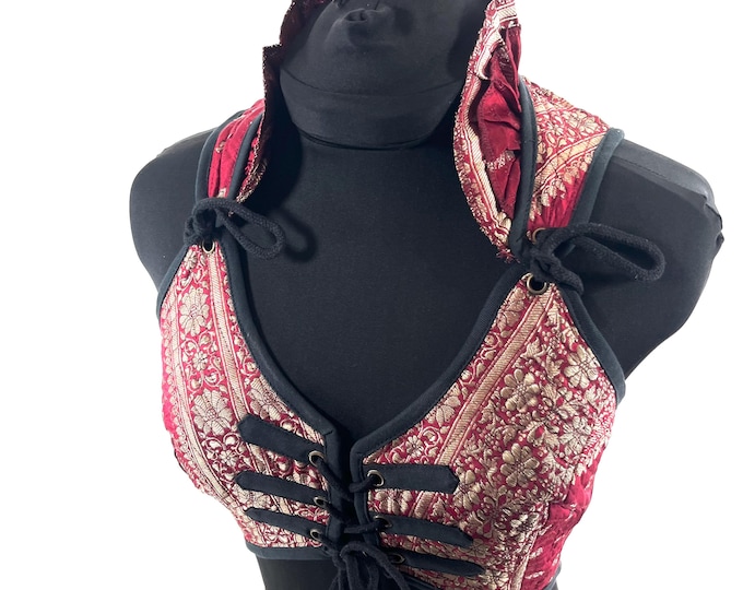 M. Fae Corset Top - Red & Silver Bra Top - Vintage Silk Brocade  (SKU:3032-9747)