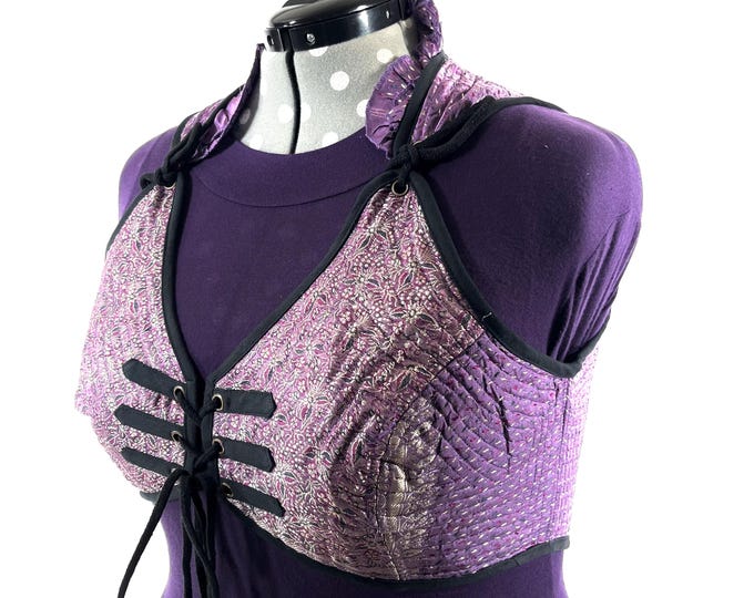 6XL. Fae Corset Top - Purple & Silver Bra Top - Vintage Silk Brocade  (SKU:3039-9810)