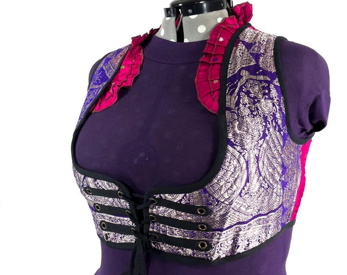 Underbust Corset Top; Ivy 5XL silver pink & purple steampunk vest handmade in Vintage Silk Brocade (SKU:2178-10172)