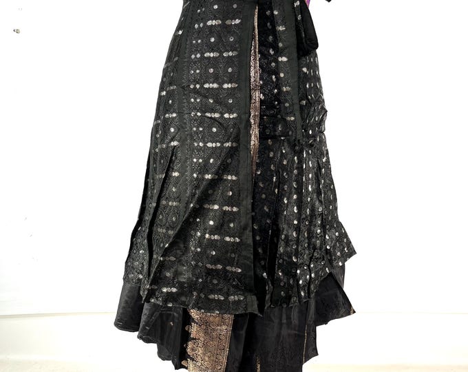 Pemberin Midi Wrap Skirt in Upcycled Heavy Vintage Silk Brocade Sari. (Two Layer A-Line Wrap Skirt)  SKU:2034-8450