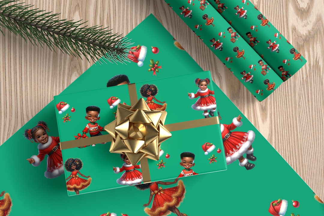 African American Christmas Wrapping Paper Cute Kids Red Dress Boy Red