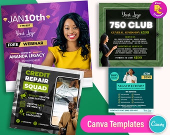 4 plantillas de Canva para empresas de reparación de crédito / Conjunto de 4 diseños profesionales / Plantillas de Canva editables / Reparación de crédito por cuenta propia