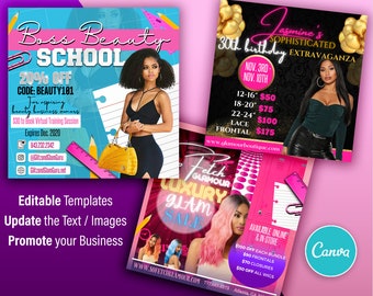 Business Beauty Boss Ladies Glam Instagram Flyers - Hair Business Birthday Back to School Theme Canva Template - Set of 3 Designs