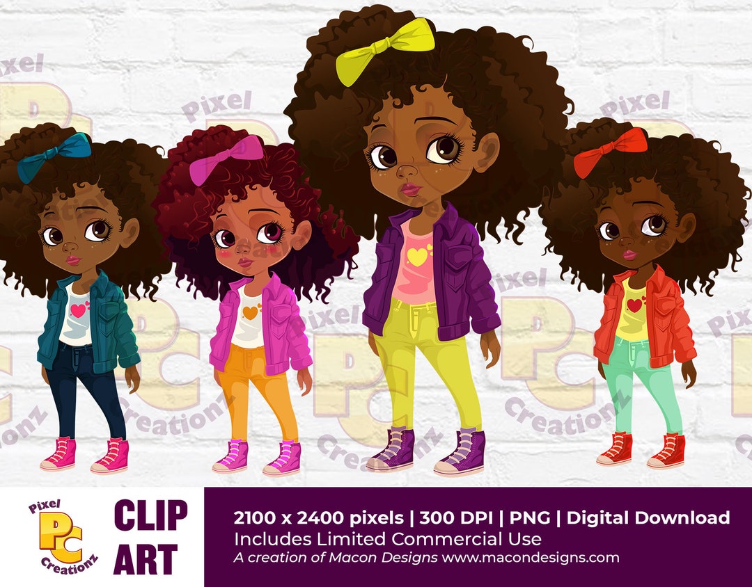 Adorable Black Girls Clip Art PNG African American Afro Curly Hair Cute ...