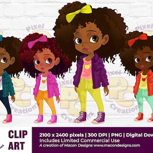 Adorable Black Girls Clip Art PNG | African American Afro Curly Hair Cute Outfits PNG | Sublimation | Digital Planner Stickers