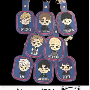May include: Eight blue and red keychains with embroidered images of cartoon faces and names. The names are: Bang Chan, Lee Know, Changbin, Han, Hyunjin, I.N, Seungmin, and Felix. The keychains are arranged in a pile and the text "Oddinary" and "Tabby Cat Treasures" is visible below the keychains.