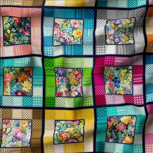 Colorful Flowers on Black Background Plaid Fabric by the Meter Patchwork Pattern Decor Furniture Chair Sofa Upholstery Fabric