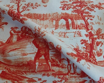 Orange Toile de Jouy Fabric, French Country Pastoral Scene Print, Cottagecore Upholstery Material