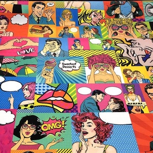 Retro Comics Print Fabric by the Meter, Pop Art Decor Furniture Chair Sofa Upholstery Fabric