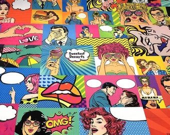 Retro Comics Fabric by the Meter, Colorful Pop Art Decor Furniture Chair Sofa Upholstery Fabric