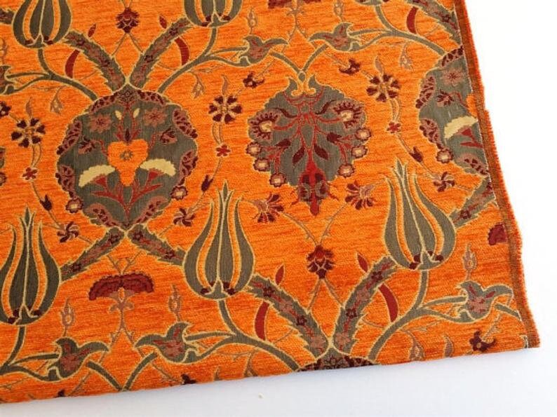 Orange Floral Chenille Fabric Etsy