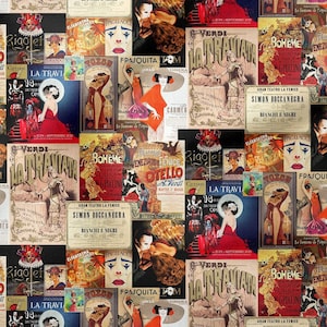 Könnte beinhalten: Eine Collage aus Vintage-Opernplakaten mit bunten Illustrationen und Text. Die Poster zeigen Titel wie "La Traviata", "Rigoletto", "Boheme" und "Otello".