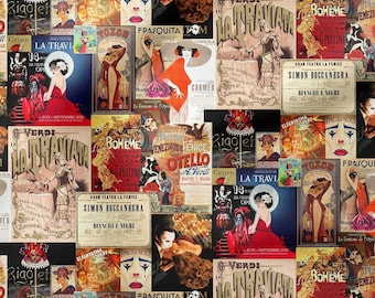 Vintage Opera Poster Fabric, Retro Theater Collage Print, Home Decor Upholstery
