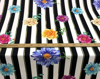 Floral Stripe Fabric by the Yard, Bold Black White Peony Daisy Print Polyester