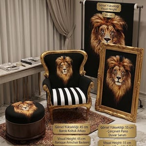 May include: A black armchair with a gold frame and a lion head print on the backrest, featuring a black and white striped seat. Beside it is a round ottoman with a lion print, a framed lion wall art, and a hanging lion print banner.