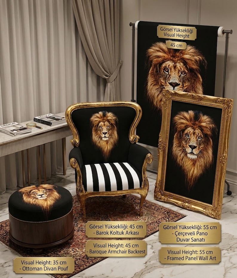 May include: A black armchair with a gold frame and a lion head print on the backrest, featuring a black and white striped seat. Beside it is a round ottoman with a lion print, a framed lion wall art, and a hanging lion print banner.