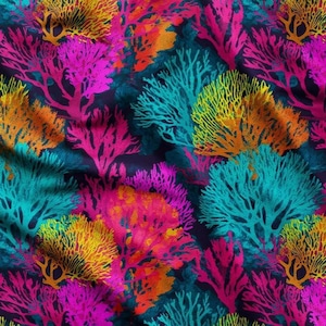 Turquoise Fuschia Neon Corals Print Fabric by the Meter,Marine,Nautical Fabric Decor Furniture Chair Sofa Upholstery Fabric