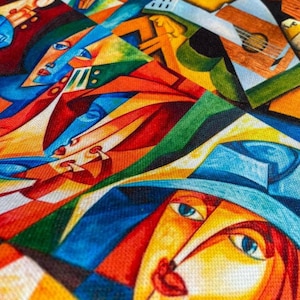Colorful Women Faces Print Abstract Fabric by the Meter, Popart Decor Furniture Chair Sofa Upholstery Fabric