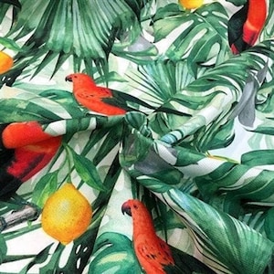 Toucan Birds with Lemons Print Fabric by the Meter, Tropical Fabric Decor Furniture Chair Sofa Upholstery Fabric