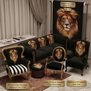 May include: A collection of black furniture featuring lion head fabric panels, including a tufted sofa, a wingback armchair, a gilded baroque chair with striped seat, a round ottoman, and an oval-back chair, with a 45 cm lion fabric display.
