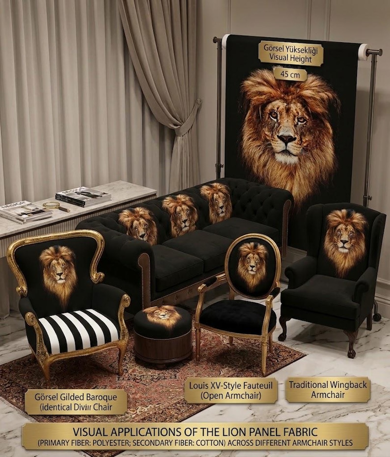 May include: A collection of black furniture featuring lion head fabric panels, including a tufted sofa, a wingback armchair, a gilded baroque chair with striped seat, a round ottoman, and an oval-back chair, with a 45 cm lion fabric display.