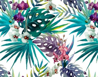 Aquarel tropische bladstof, monstera-orchidee bloemen, botanische bekleding, palmdecor