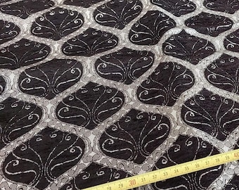 Black Silver Peacock Chenille Upholstery Fabric, Boho Woven Tapestry, By The Meter