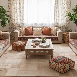 Handmade Hemp Wool Patchwork Kilim Rug: Tonal Beige Boho Japandi Area Rug