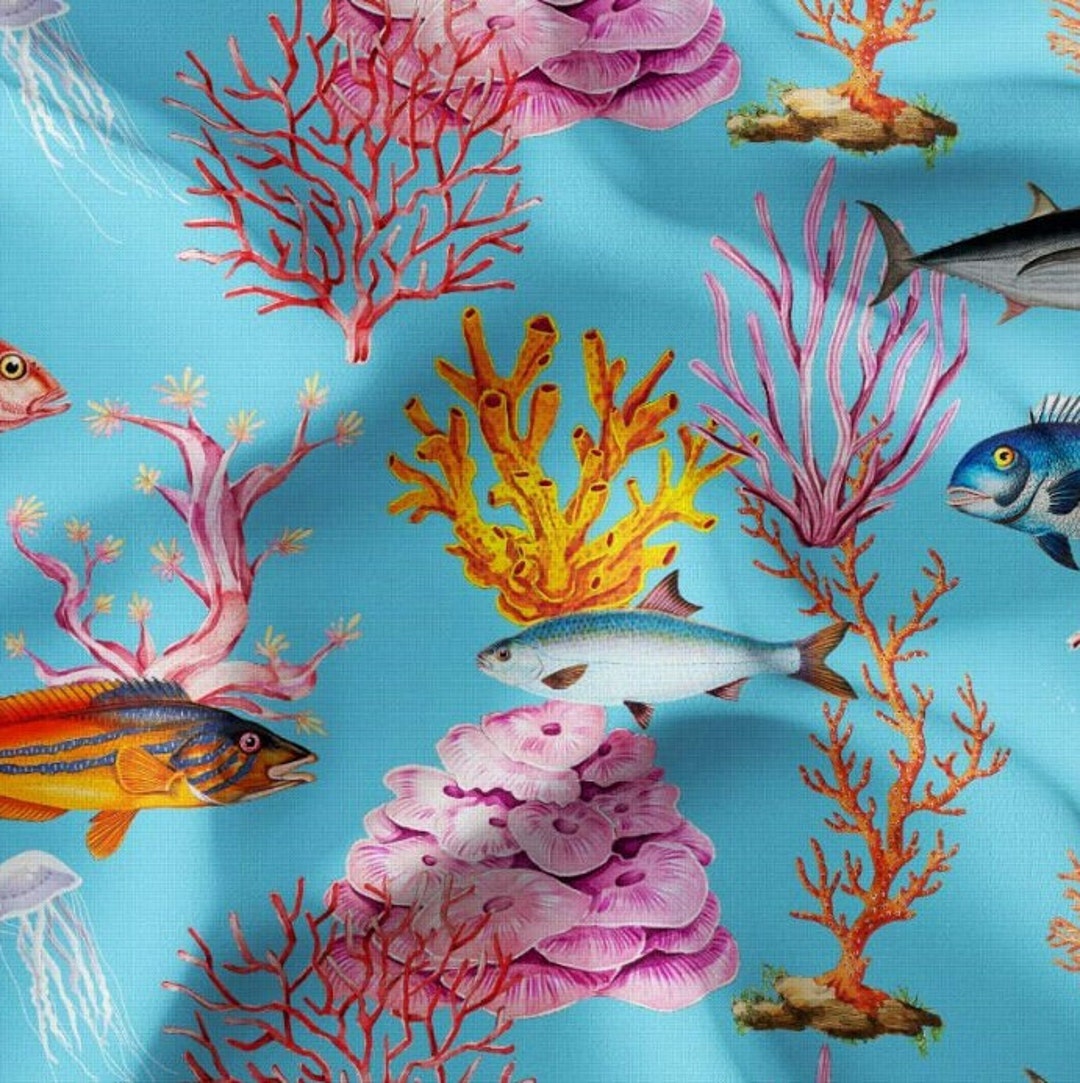 Marine Leben Stoff: Koralle, Fisch Druck Polyester Polsterung durch