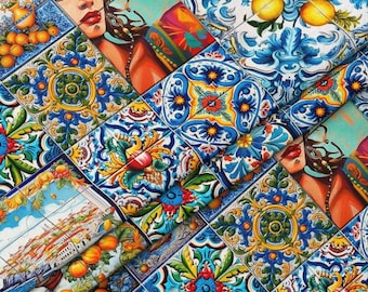 Tessuto in maiolica siciliana tagliato su misura, tessuto per tappezzeria con motivo a limoni e piastrelle mediterranee.