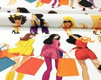 Tessuto per ragazze alla moda, fantasia per amanti dello shopping, illustrazione chic, materiale per tappezzeria