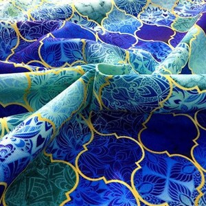 Tessuto marocchino blu al metro, tessuto con motivo geometrico etnico, decorazione per mobili, sedie, divani, tappezzeria