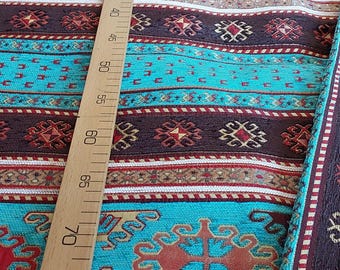 4 meters Turkish Kilim Pattern Chenille Fabric by the Yard,Ethnic Boho Upholstery Fabric for Pillows, Rug Design Home Decor,55" Wide (140cm)