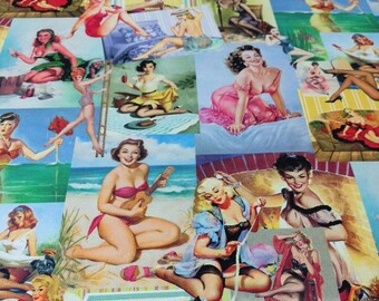 Tkanina Vintage Pin-Up Girl cięta na wymiar, tkanina z nadrukiem kolażowym w stylu retro z lat 50., mieszanka bawełny i poliestru w stylu rockabilly na odzież, dekoracje i szycie