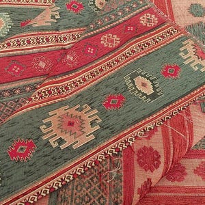 Green Turkish Kilim Upholstery Fabric by the Meter,Boho Fabric, Home Decor Rug Tapestry Sofa Chair Furniture Fabric