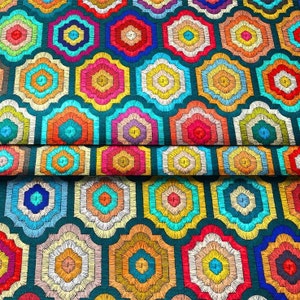 Tessuto marocchino stampato con effetto ricamo al metro, tessuto etnico geometrico per arredamento, sedia, divano, tappezzeria