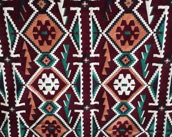 Boho Kilim Upholstery Fabric, Ethnic Geometric Tribal Textile, Burgundy Acrylic Chenille