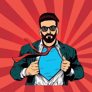 May include: A man in a suit and sunglasses rips open his shirt to reveal a blue superhero costume underneath. He has a red tie that is flying behind him. The background is a red and white radial pattern.